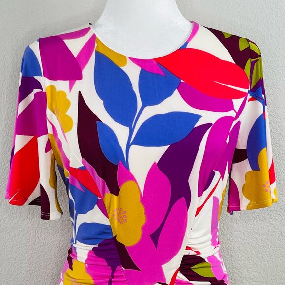 Donna Morgan White Multi Floral Ruched Short Sleeve Mini Dress 8/Medium NWOT - Picture 7 of 16